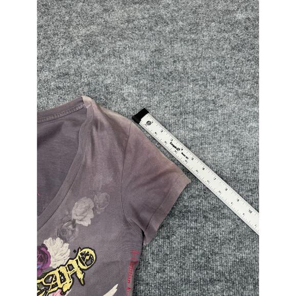 Christian Audigier Paco Chicano Women’s T-Shirt Sz L V-Neck Crown Roses Dove - Picture 7 of 16